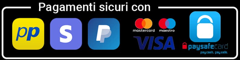 Pagamenti sicuri con PayPal, Stripe, Visa, Mastercard, Maestro e Paysafecard